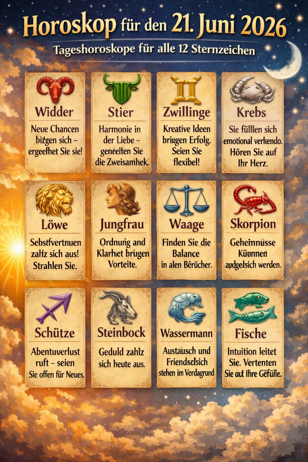 Horoskopvorhersagen für den 21. Juni 2026: Tageshoroskope für alle 12 Sternzeichen.