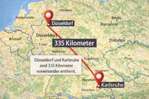 Wie viele Kilometer sind es zwischen Düsseldorf und Karlsruhe?