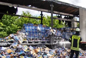 Vollsperrung der A5: Lastwagen-Anhänger voller “Capri-Sun”-Trinkpäckchen brennt lichterloh