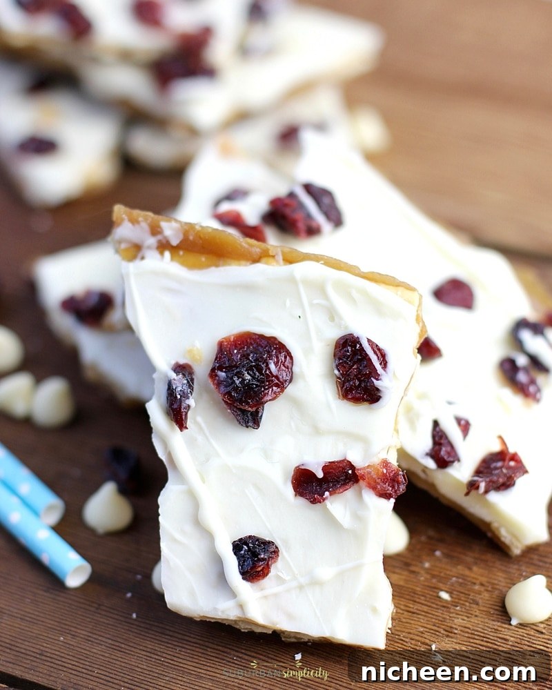 Cranberry Bliss Saltine Toffee Bars with White Chocolate