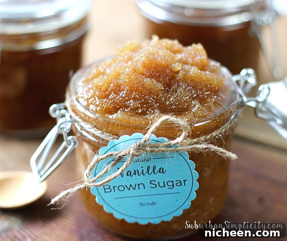Brown Sugar Scrub in a jar tied with twine and a aqua tag. 