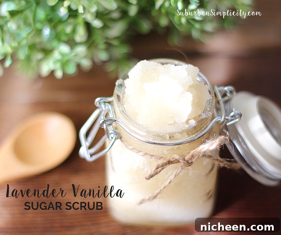 Homemade Lavender and Vanilla Sugar Scrub for Silky Skin 2 Lavender Vanilla Sugar Scrub in a jar