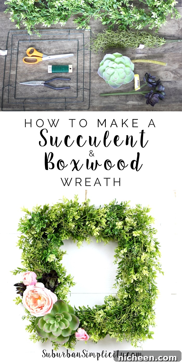 Learn how to make a Succulent and Boxwood Wreath. It's easy and adds such charm to any room. | DIY | How to make a faux wreath 