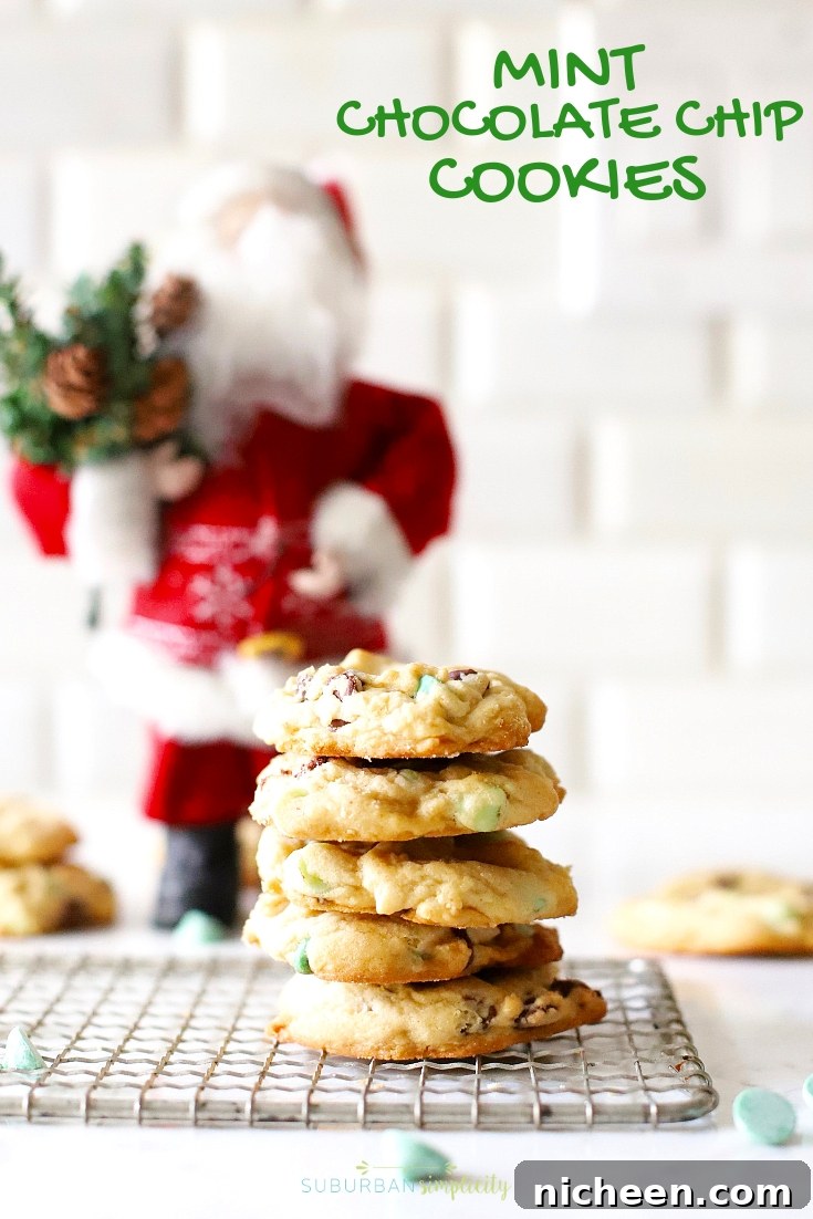 Mint Chocolate Chip Cookies are a must make!  The combination of sweet chocolate & mint is something special in these made from scratch cookies! Perfect for everything from Christmas to St. Patrick's Day! #cookies #suburbansimplicity #mint #mintchocolatechip #baking
