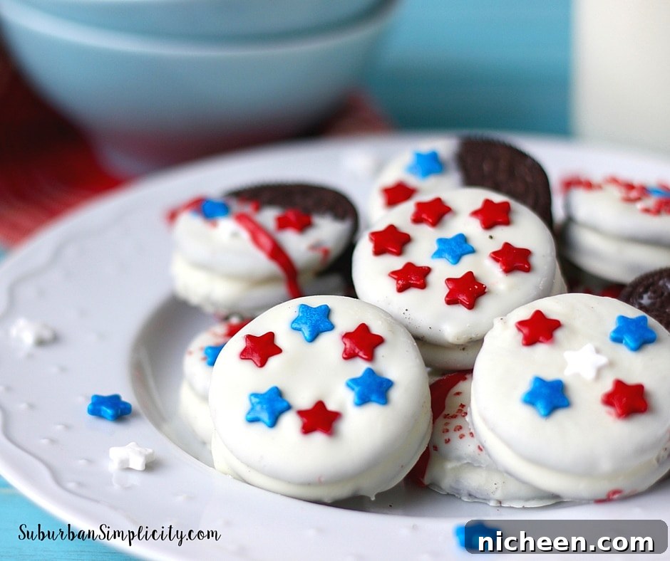 Patriotic Oreos on a plate.