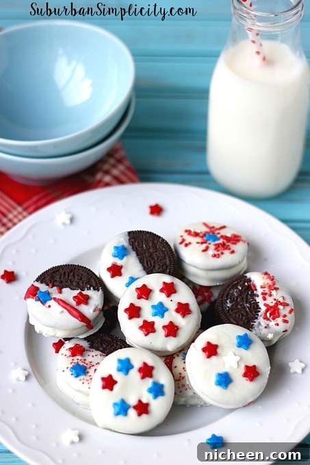 Looking for an easy red, white and blue treat for your Memorial Day or 4th of July BBQ, picnic or potluck? Then you have to try these chocolate dipped Patriotic Oreos! Pretty and delicious!