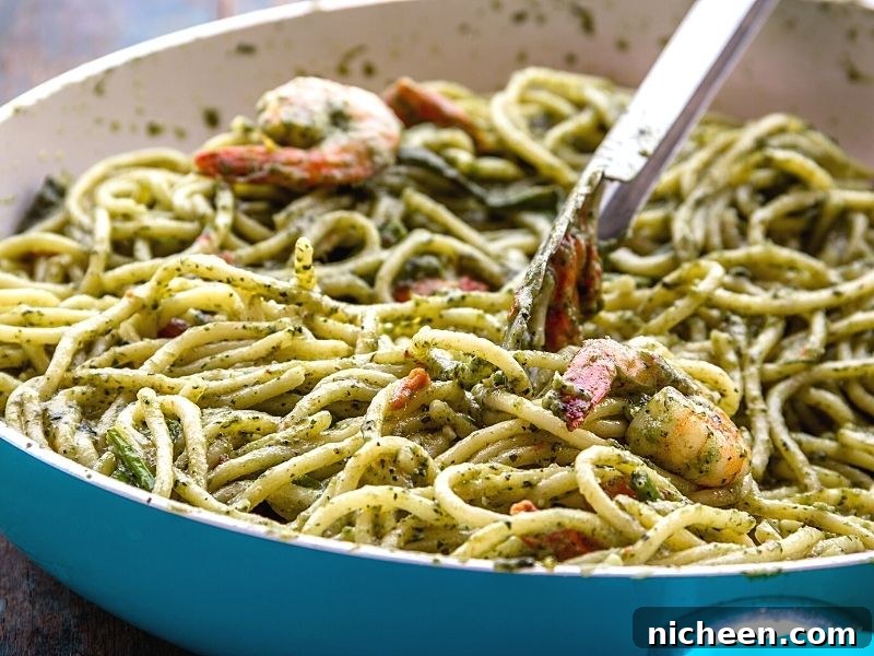 Pesto Shrimp pasta in a bowl