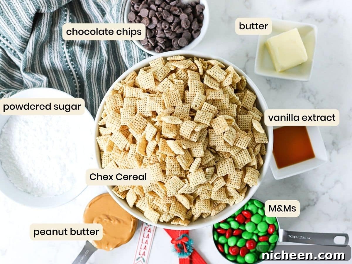 Ingredients to make Reindeer chow snack mix.