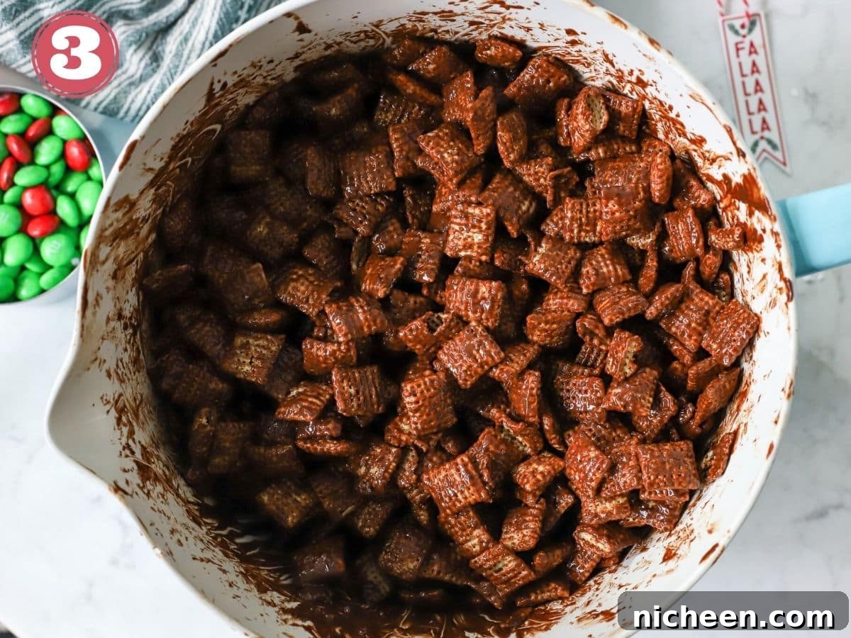 Chex cereal coated in chocolate and peanut butter.