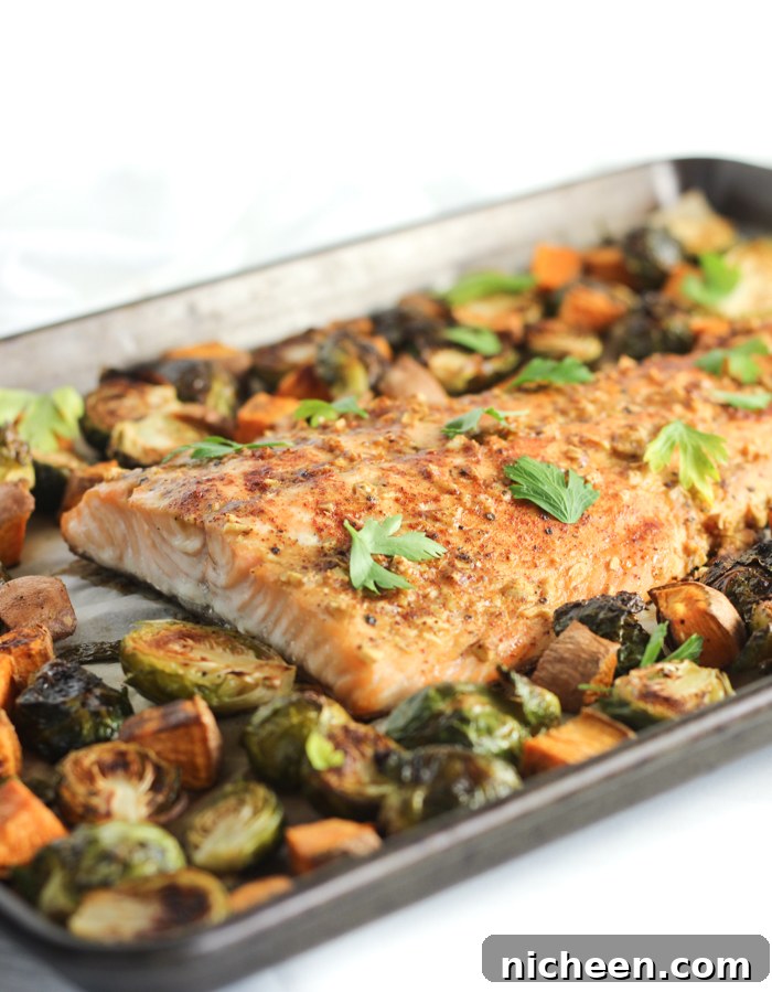 Sheet Pan Maple Dijon Salmon in a sheet pan from the oven. 