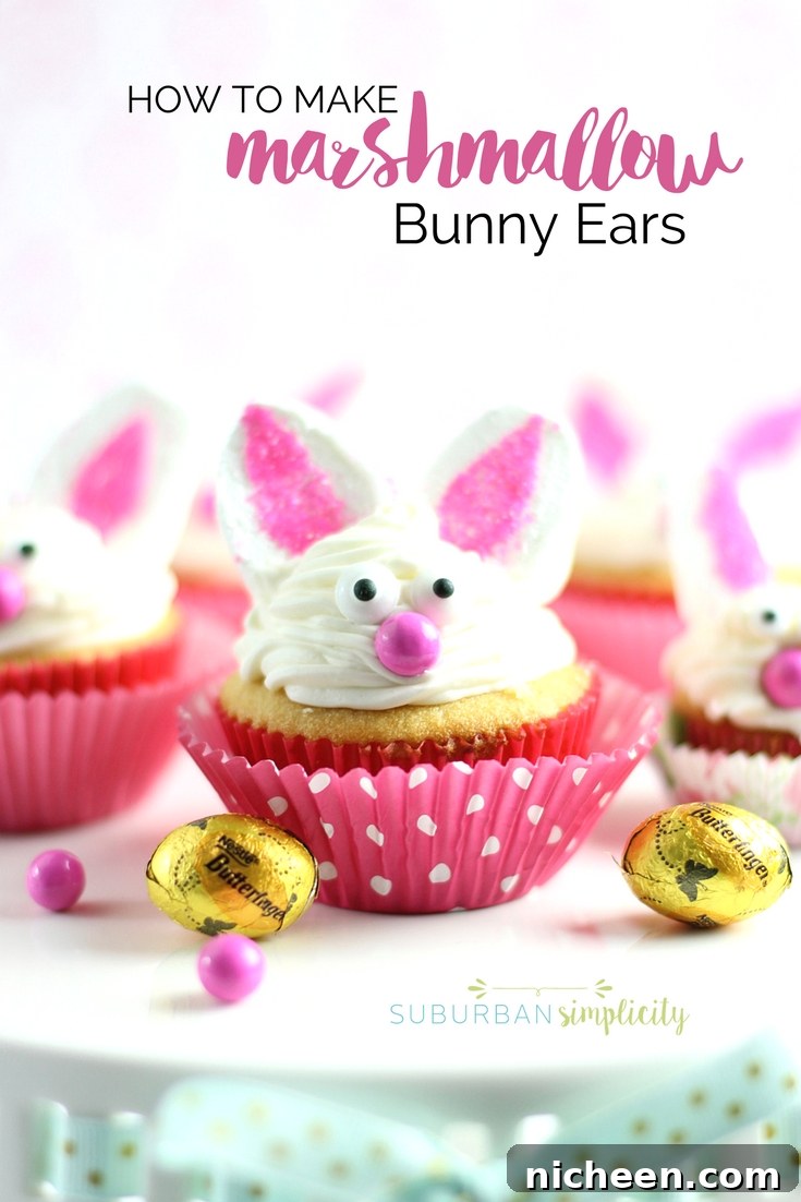 Marshmallow Bunny Ears Recipe for Cute Easter Treats 2 Bunny cupcakes with marshmallow bunny ears.
