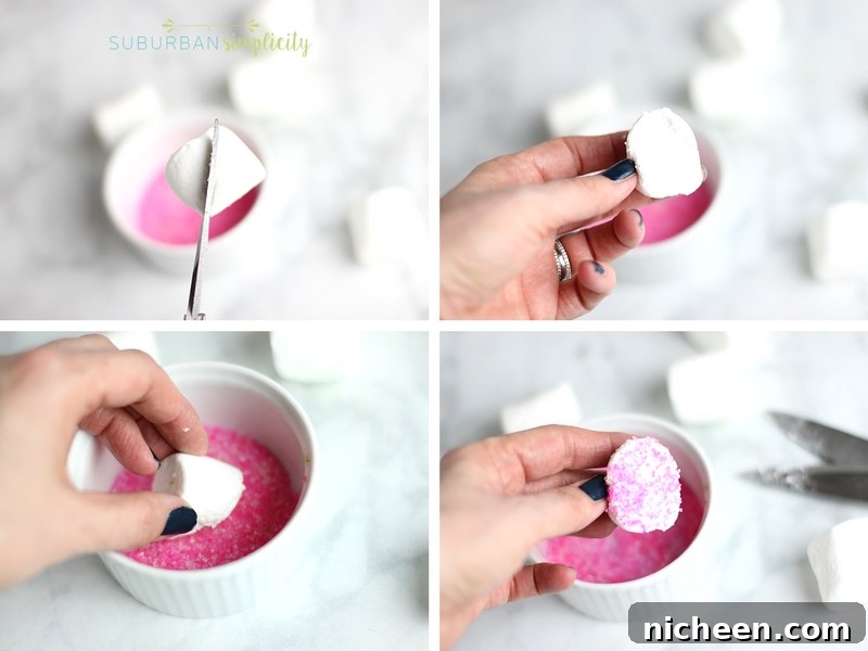 Marshmallow Bunny Ears Recipe for Cute Easter Treats 3 The process for making marshmallow bunny ears and dipping them in candy sprinkles.