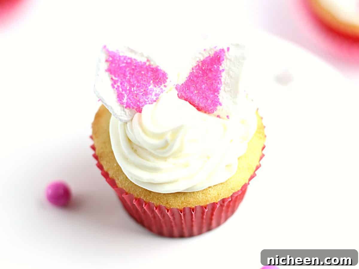 Marshmallow Bunny Ears Recipe for Cute Easter Treats 4 A cupcake with bunny ears.