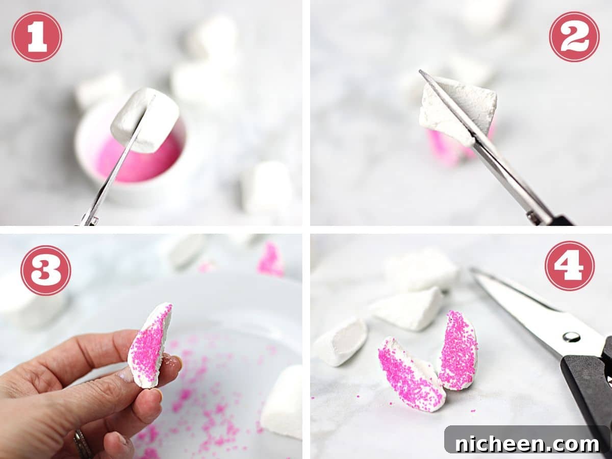 Marshmallow Bunny Ears Recipe for Cute Easter Treats 5 Step-by-step images for how to make mini marshmallow bunny ears.