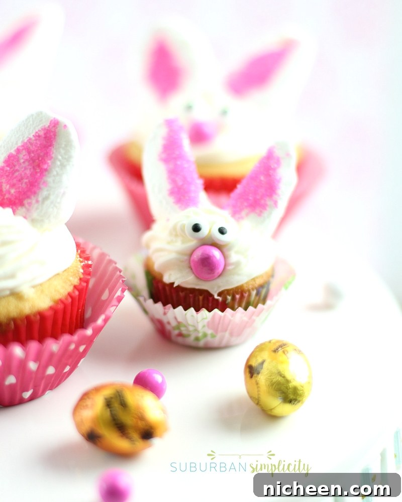 Marshmallow Bunny Ears Recipe for Cute Easter Treats 6 Mini bunny cupcake with marshmallow ears.