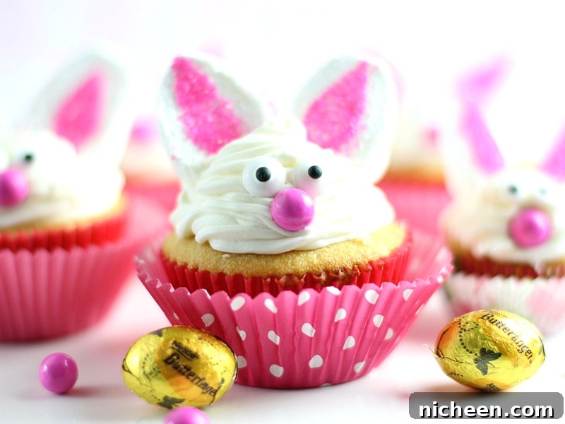 Marshmallow Bunny Ears Recipe for Cute Easter Treats 7 Bunny Cupcakes with pink cupcake liners.