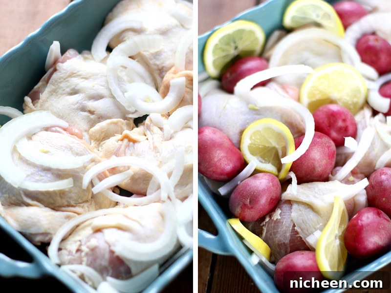 Oven-Baked Lemon Chicken Recipe: Crispy, Tender 3 Baking pan with chicken and onions and lemon.