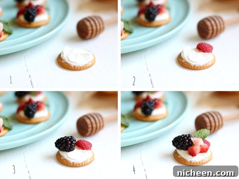 The process for making berries and cream ritz cracker toppers.