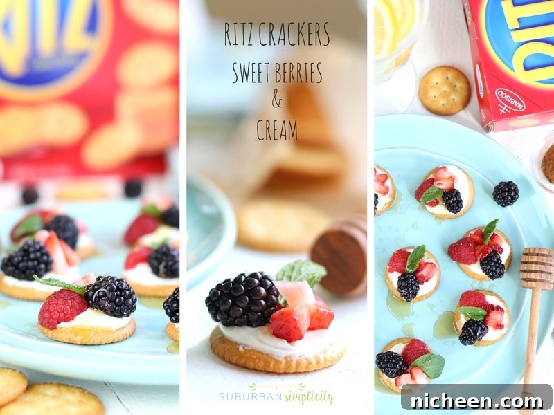 Trio of pictures showing a Ritz Cracker topped with berries and cream.