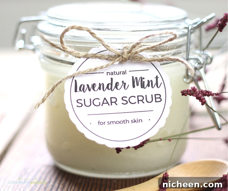 Trendy DIY Crafts and Projects for Teen Girls 3 Lavender Mint Sugar Scrub in a jar with a cute tag tied on with twine.