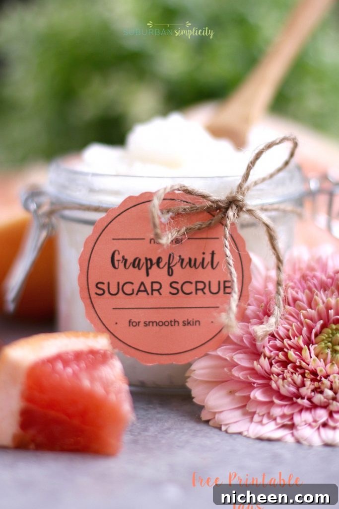 DIY Grapefruit Sugar Scrub Recipe for Radiant Skin 5 Grapefruit sugar scrub in a jar with a custom gift tag