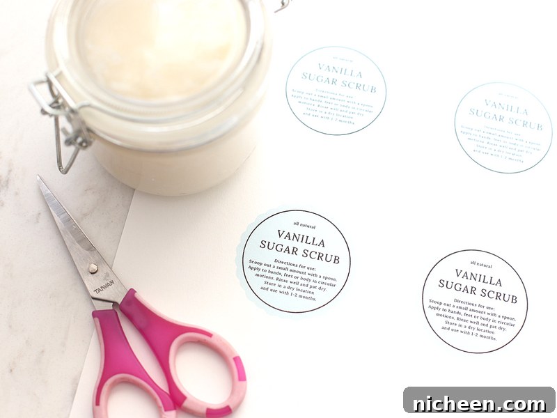 Homemade Vanilla Sugar Scrub and Free Printable Labels 6 Tags to put on a DIY vanilla sugar scrub.