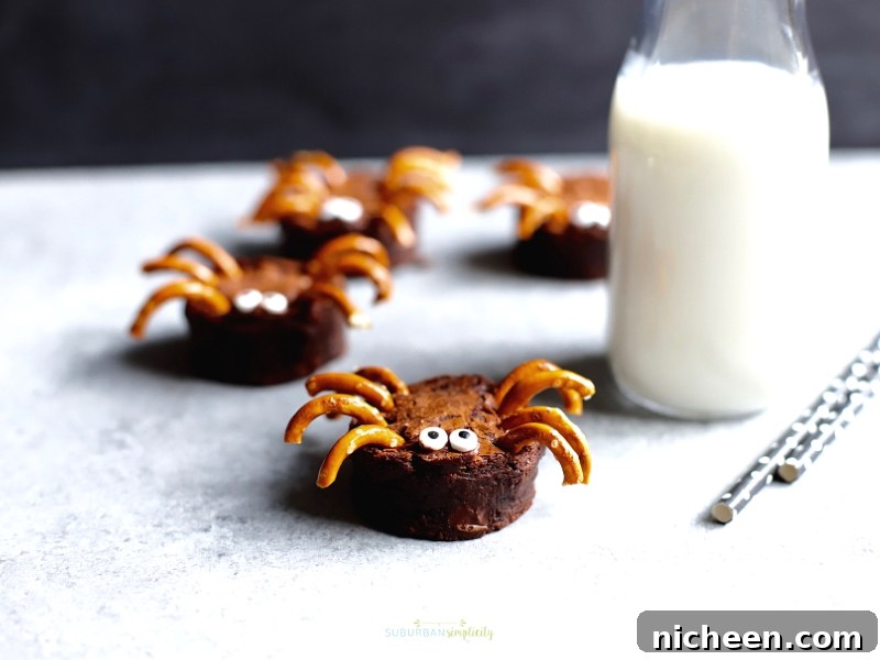 Halloween Brownie Spider with milk in the background.