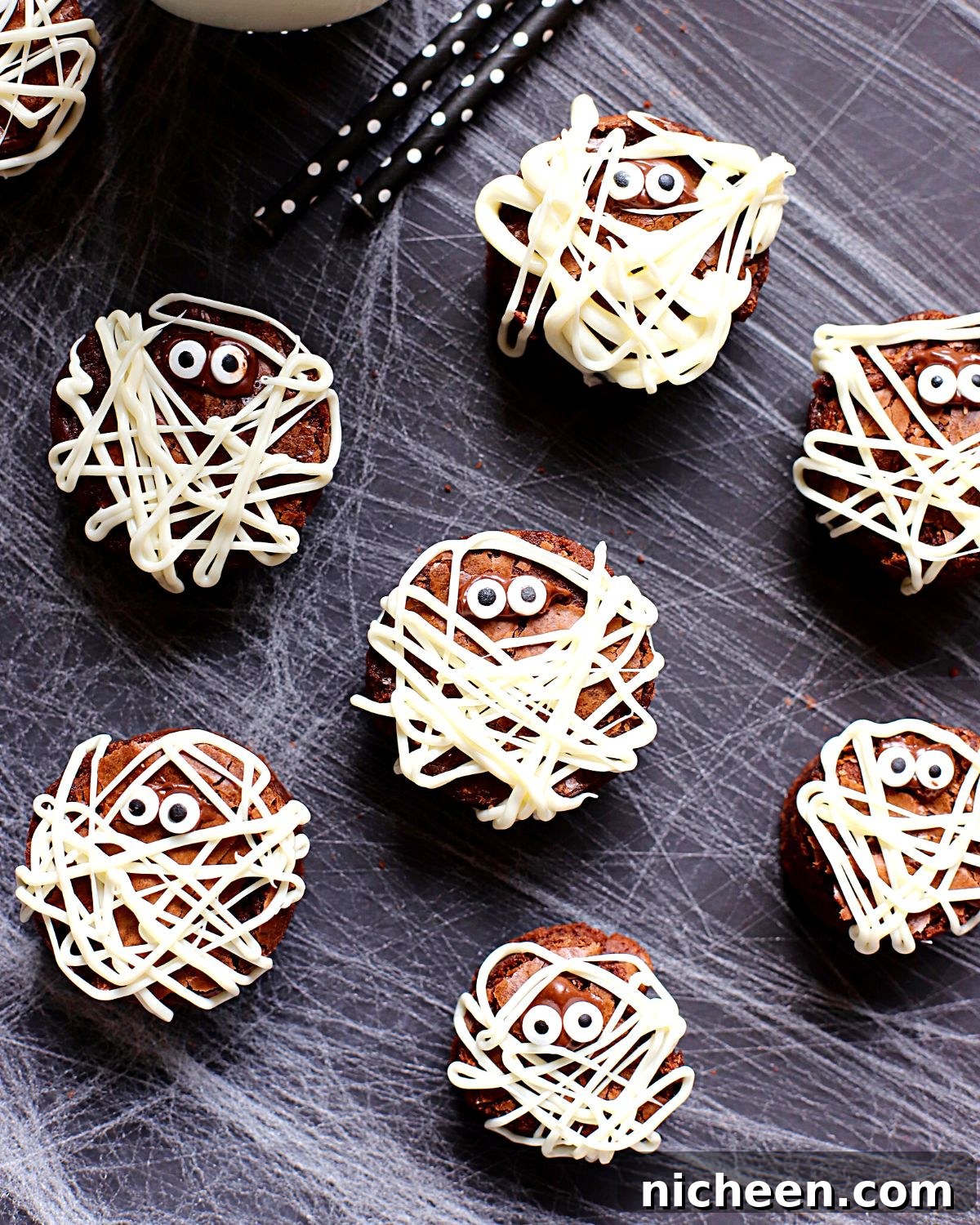 Halloween Mummy Brownies Recipe: Creepy Wrapped Treats 2 Halloween brownies in the shape of mummies.