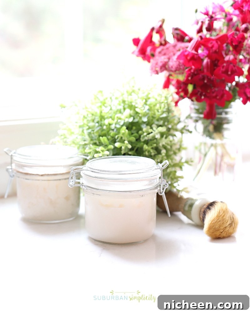 Homemade Sugar Scrub Recipe for Soft, Glowing Skin 5 Jar of body scrub on the counter with flowers in the background.