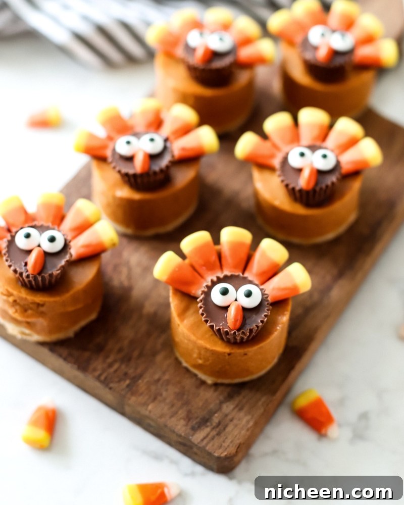 How to Make Pumpkin Pie Turkeys for Thanksgiving 9 Pumpkin Pie Turkeys on a cutting board.