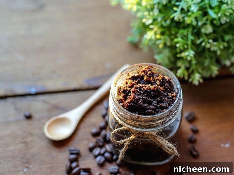 DIY Coffee Sugar Scrub Recipe for Glowing Skin 7 homemade sugar scrub with coffee bean next to it.