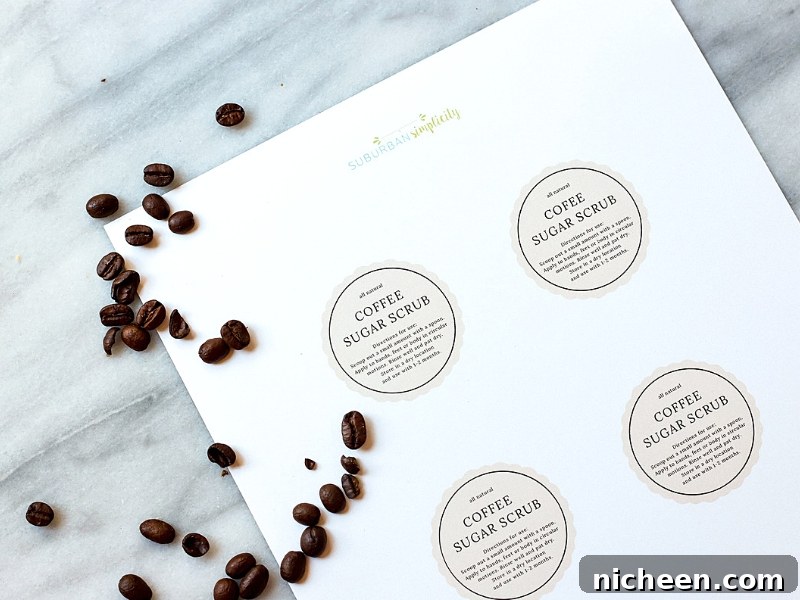 DIY Coffee Sugar Scrub Recipe for Glowing Skin 8 Printable tags for coffee sugar scrub.