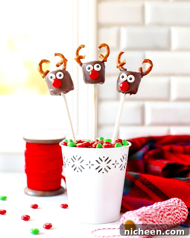 Chocolate-Covered Marshmallow Reindeer Recipe 6 Three Marshmallow Reindeer in a vase