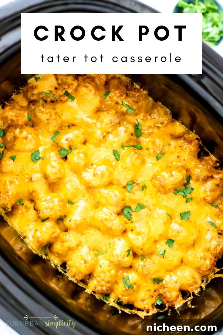 Slow Cooker Tater Tot Casserole 3 Crock Pot Tater Tot Casserole ready to serve.