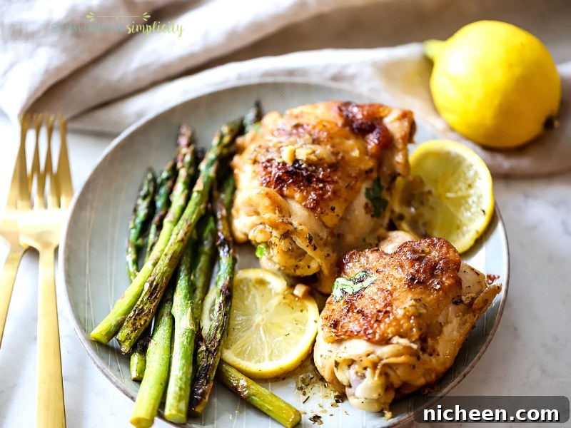 Crispy Oven-Roasted Asparagus Recipe for Easter or Anytime 3 Instant Pot Lemon Chicken with lemon wedges for garnish.