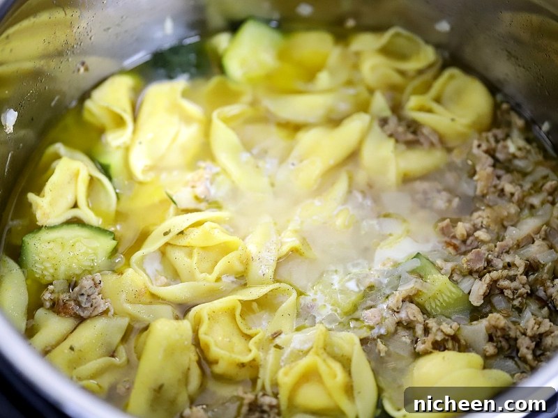 Instant Pot Tortellini cooked in pressure cooker.