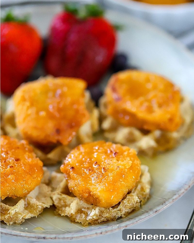 Tyson Chicken Nuggets on top of waffles.