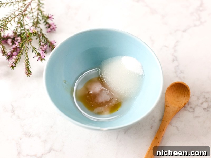 Ingredients for sugar and honey lip scrub.