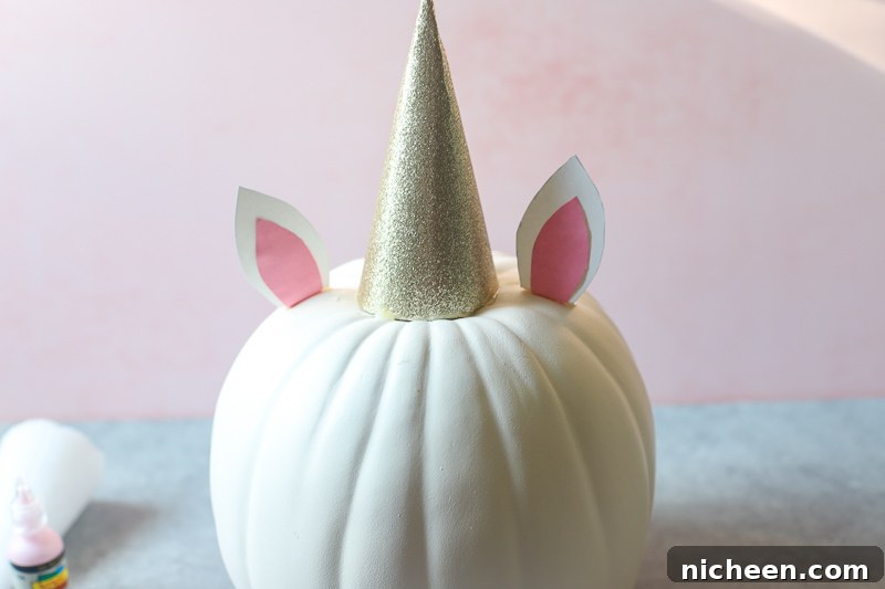 DIY Unicorn Pumpkin: Cute Halloween Craft Tutorial 7 ear glued on a pumpkin