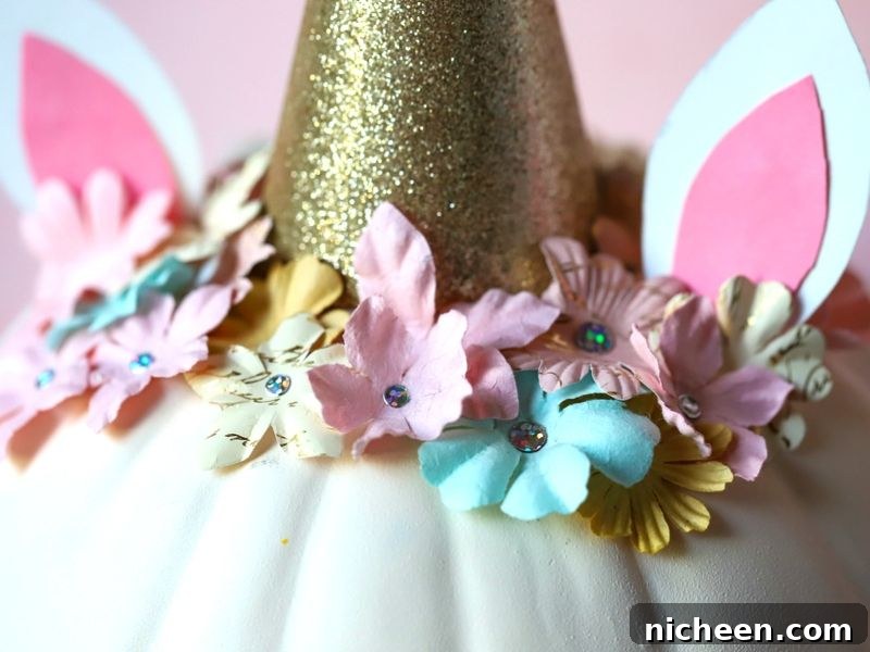 DIY Unicorn Pumpkin: Cute Halloween Craft Tutorial 8 Flower crown on a pumpkin unicorn