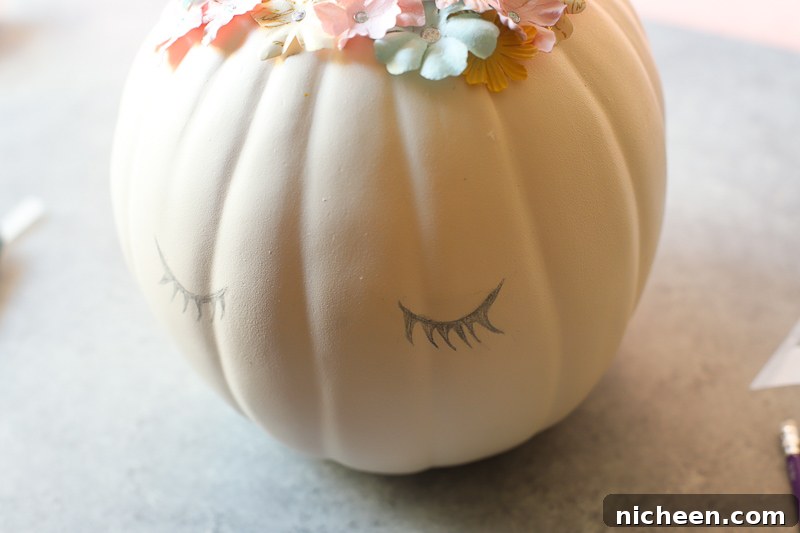 DIY Unicorn Pumpkin: Cute Halloween Craft Tutorial 9 pencil drawn eyelashes on pumpkin