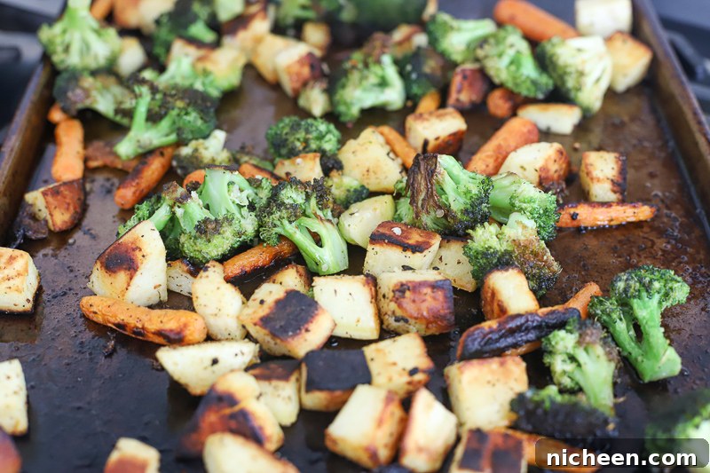 roasted vegetables on a baking pan