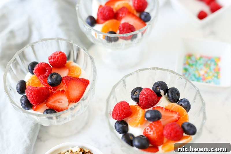 Breakfast sundae with fruit in a bowl