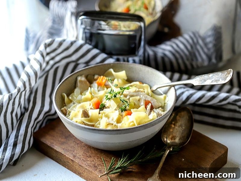 Crock Pot Chicken Noodle Soup in a bowl in front of slow cooker