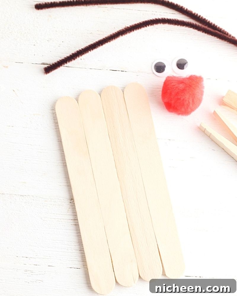 DIY Reindeer Crafts for Kids 4 popsicle sticks lined up end to end