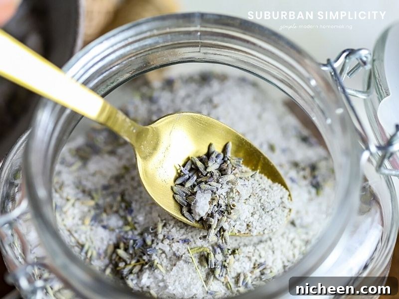 Homemade Lavender Bath Salts Recipe 3 a spoon in a lavender bath salt jar