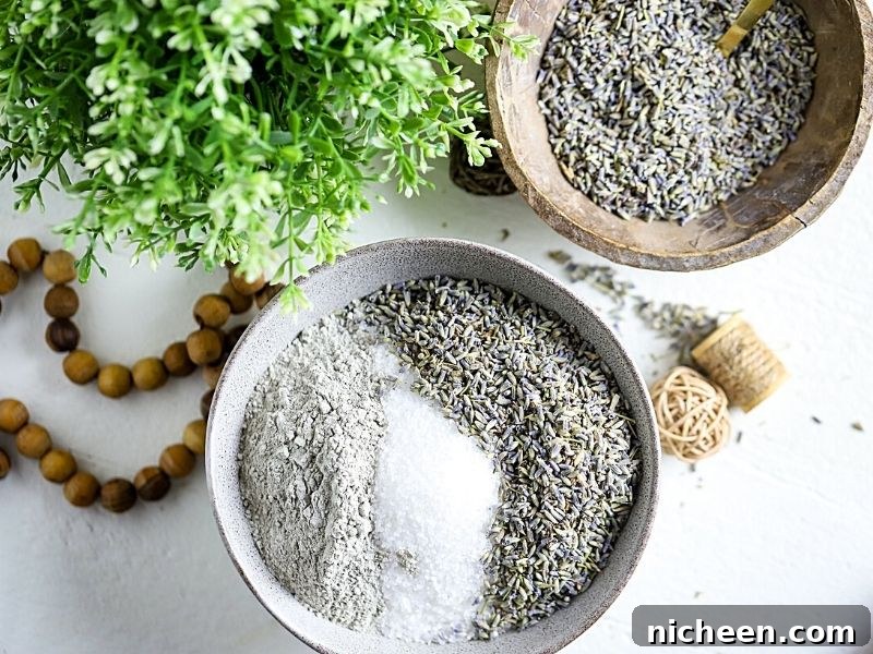 Homemade Lavender Bath Salts Recipe 6 bowl with ingredients for bath salts