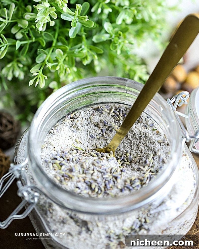 Homemade Lavender Bath Salts Recipe 7 glass jar with bath salts