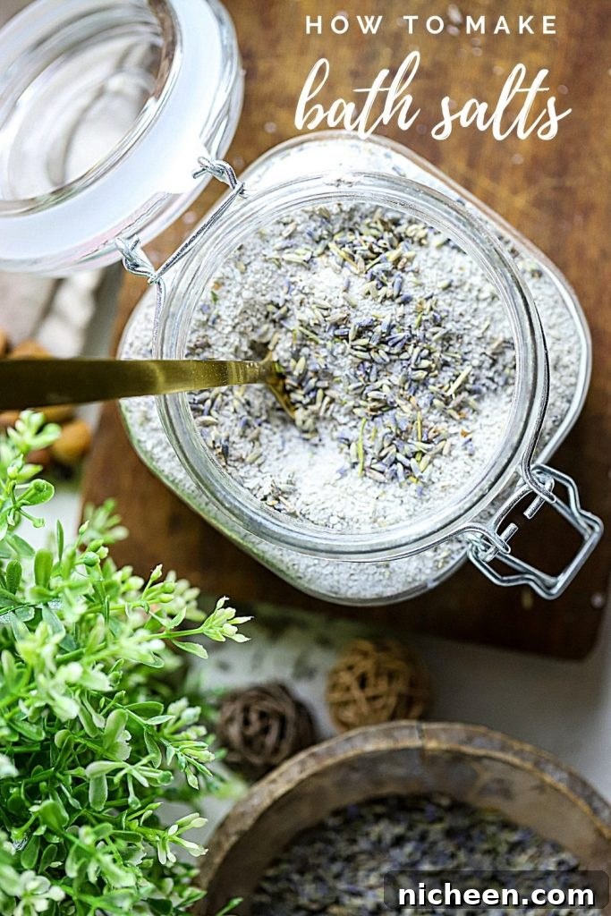 Homemade Lavender Bath Salts Recipe 8 Experience the benefits of Bath Salts. This DIY recipe for relaxing Lavender Bath Salts is easy to make at home for yourself or give as a beautiful, pampering gift idea.