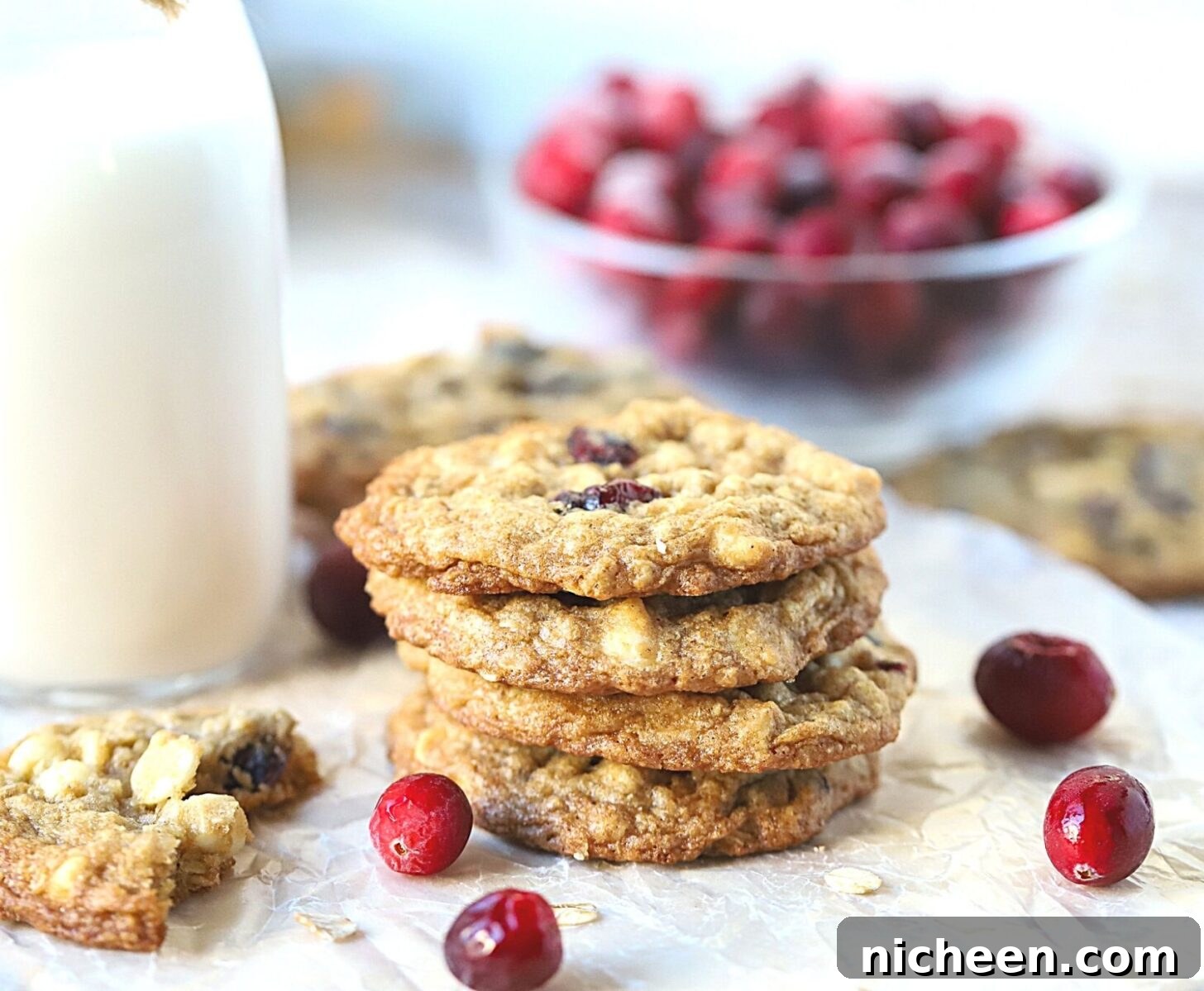 Chewy White Chocolate Cranberry Oatmeal Cookie Recipe 2 Stacked White chocolate oatmeal Cookies